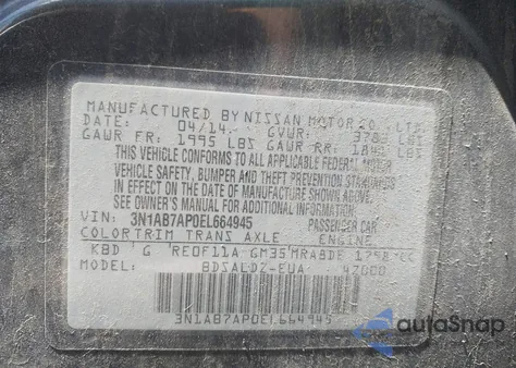 2014 Nissan Sentra Fe+ S/Fe+ Sv/S/Sl/Sr/Sv from USA, damaged, VIN 3N1AB7AP0EL664945